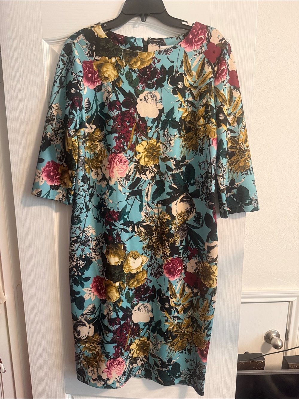 New York & Company Aqua Floral Midi Dress with Pink & Mustard Blooms